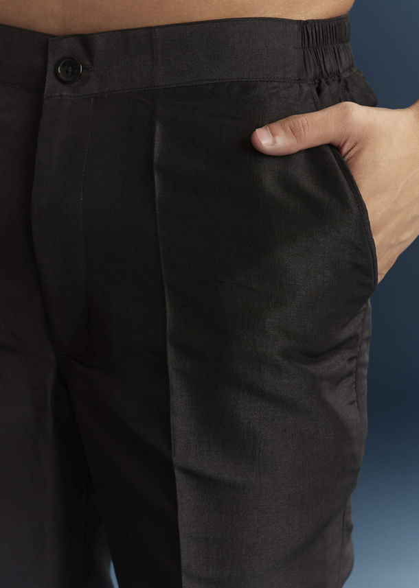 Black Silk Indo Western Set For Men With Patch Work And Embroidery