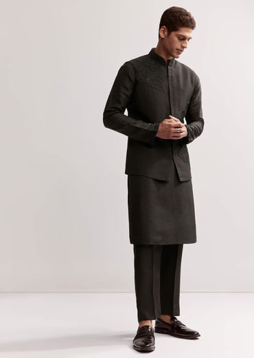 Black Silk Kurta Jacket Set For Men With Floral Cutdana Work