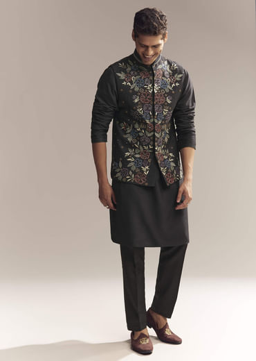 Black Silk Kurta Jacket Set For Men With Heavy Embroidery