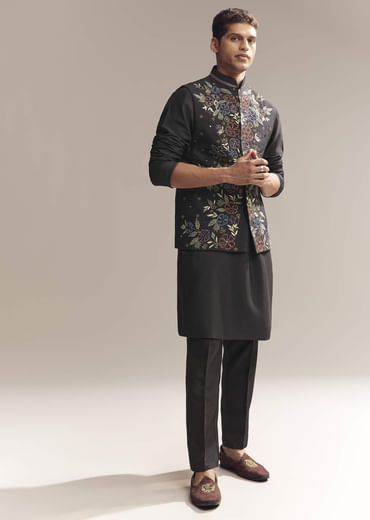 Black Silk Kurta Jacket Set For Men With Heavy Embroidery
