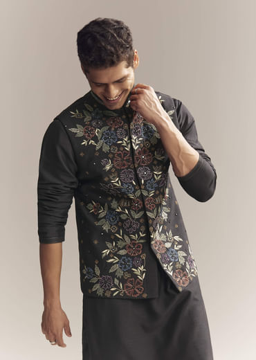 Black Silk Kurta Jacket Set For Men With Heavy Embroidery
