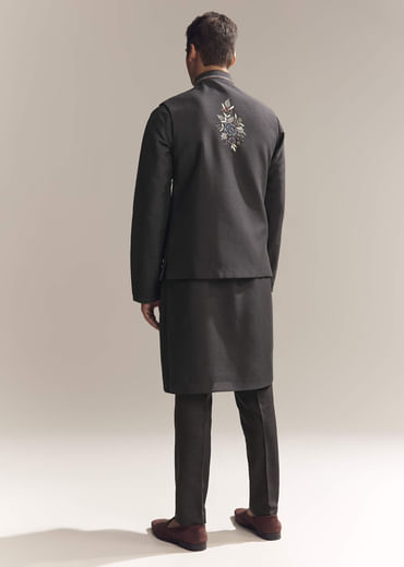Black Silk Kurta Jacket Set For Men With Heavy Embroidery