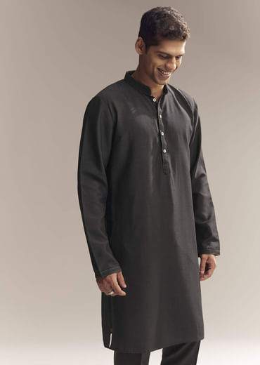 Black Silk Kurta Jacket Set For Men With Heavy Embroidery