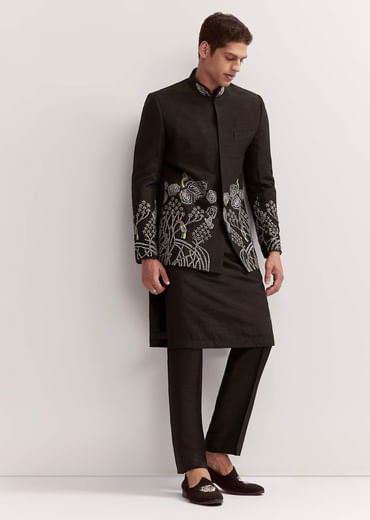 Black Silk Kurta Jacket Set For Men With Zardosi Embroidery