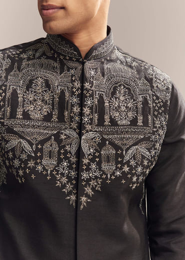 Black Silk Kurta Jacket Set For Men With Zari Cut Work