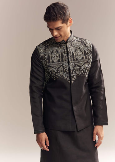 Black Silk Kurta Jacket Set For Men With Zari Cut Work