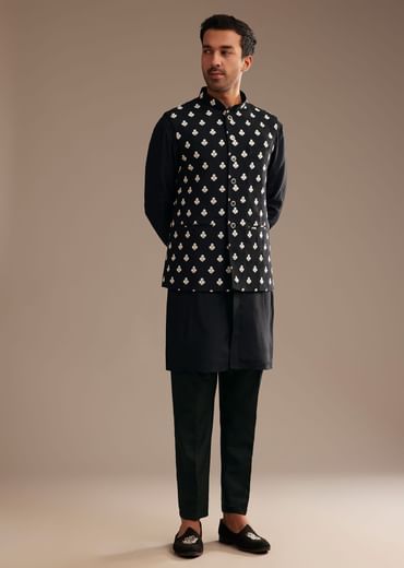 Black Silk Kurta Jacket Set With Embroidered Jacket