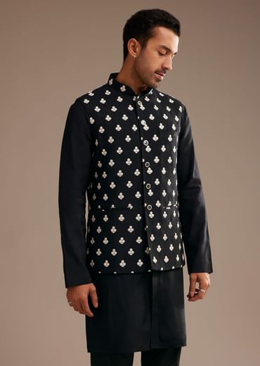 Black Silk Kurta Jacket Set With Embroidered Jacket