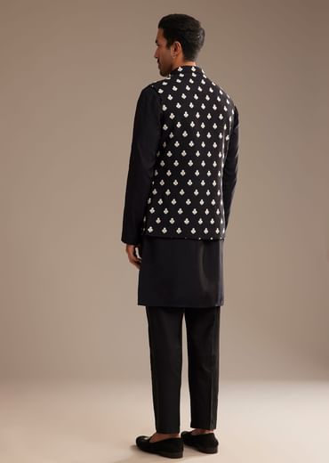 Black Silk Kurta Jacket Set With Embroidered Jacket
