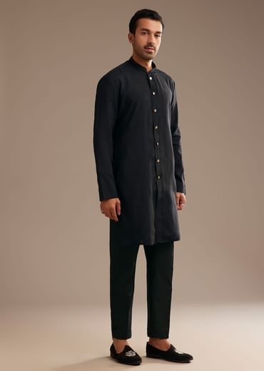 Black Silk Kurta Jacket Set With Embroidered Jacket