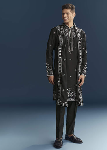 Black Silk Kurta Set For Men With Floral And Geometric Embroidery