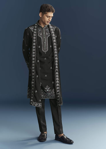 Black Silk Kurta Set For Men With Floral And Geometric Embroidery