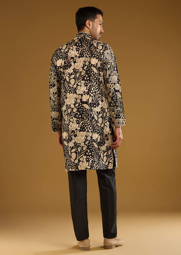 Black Silk Kurta Set For Men With Mirror Work
