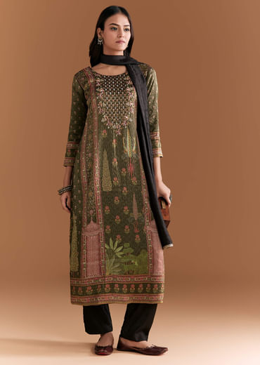 Black Silk Kurta Set With Floral Print And Hand Embroidery