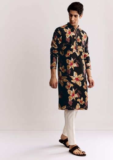 Black Silk Kurta Set With Floral Print