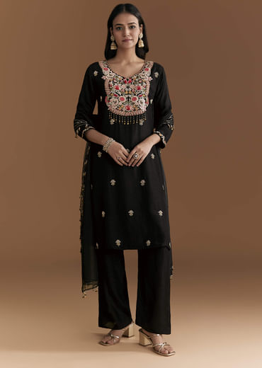 Black Silk Kurta Set With Zardosi And Resham Embroidery