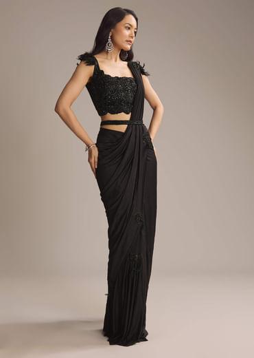 Black Silk Ready Pleated Saree With Cutdana Work
