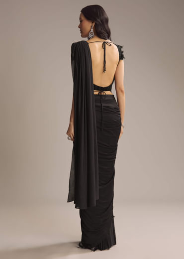 Black Silk Ready Pleated Saree With Cutdana Work