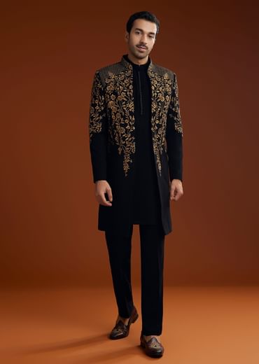 Black Suiting Indo Jacket Set With Zardosi Floral Embroidery