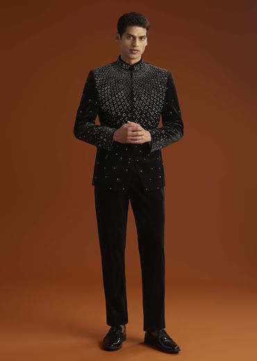 Black Velvet Jodhpuri Suit For Men With Beads Work