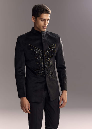 Black Velvet Jodhpuri Suit For Men With Cutdana Embroidery