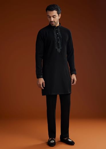 Black Velvet Open Indo Jacket Set With Cutdana Work