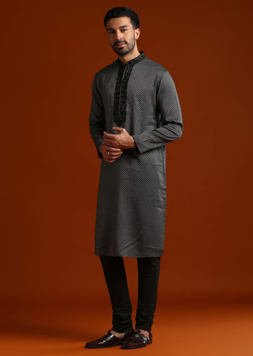 Black Viscose Kurta Set For Men With Thread And Stone Embroidery Black Viscose Kurta Set For Men With Thread And Stone Embroidery