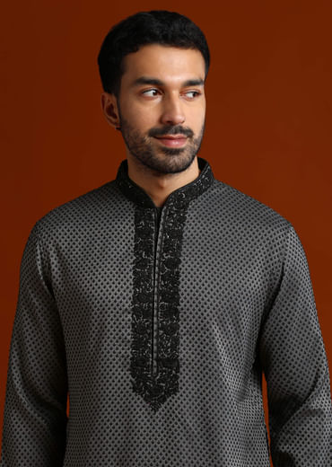 Black Viscose Kurta Set For Men With Thread And Stone Embroidery Black Viscose Kurta Set For Men With Thread And Stone Embroidery