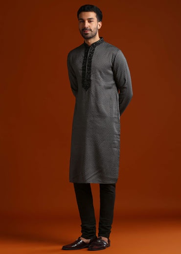 Black Viscose Kurta Set For Men With Thread And Stone Embroidery Black Viscose Kurta Set For Men With Thread And Stone Embroidery