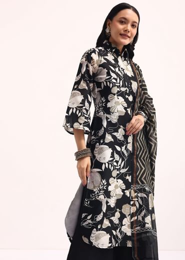 Black Abstract Printed Chanderi Kurta Palazzo Set