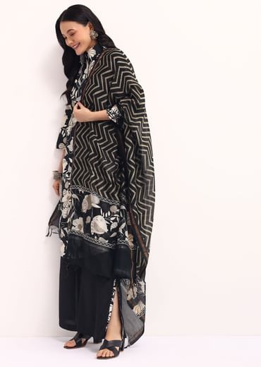 Black Abstract Printed Chanderi Kurta Palazzo Set