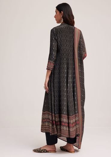 Black Ajrakh Printed Anarkali Set With Dupatta