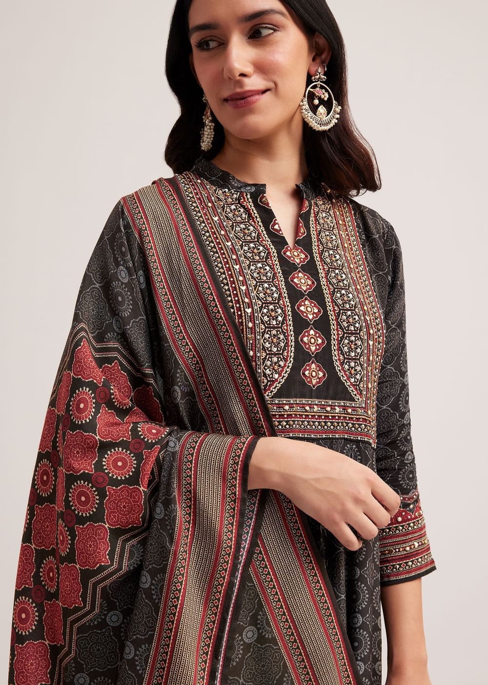Black Ajrakh Printed Anarkali Set With Dupatta