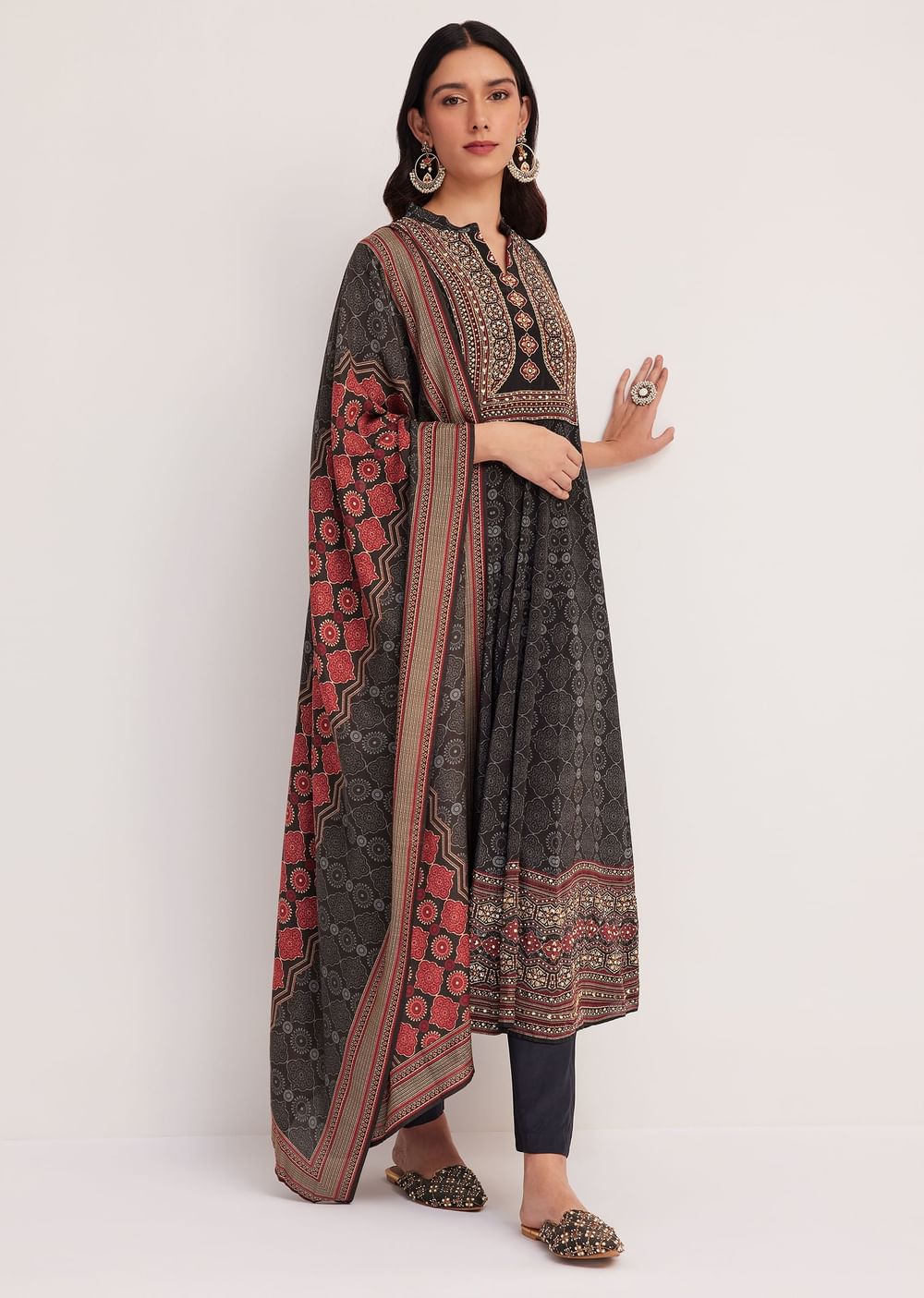Black Ajrakh Printed Anarkali Set With Dupatta
