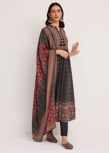 Black Ajrakh Printed Anarkali Set With Dupatta