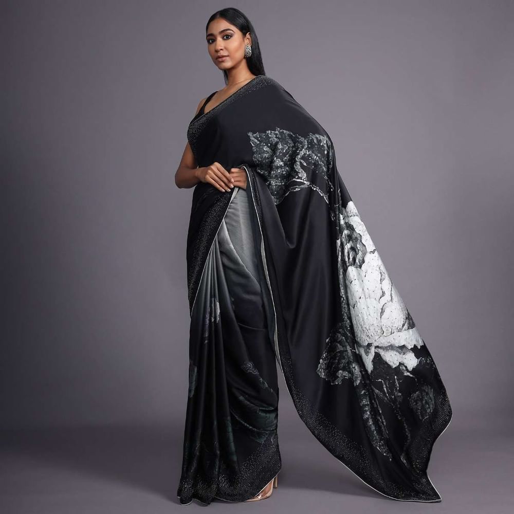 Black And Grey Ombre Saree In Satin Blend With Printed Floral Motifs And Kundan Accents Online - Kalki Fashion