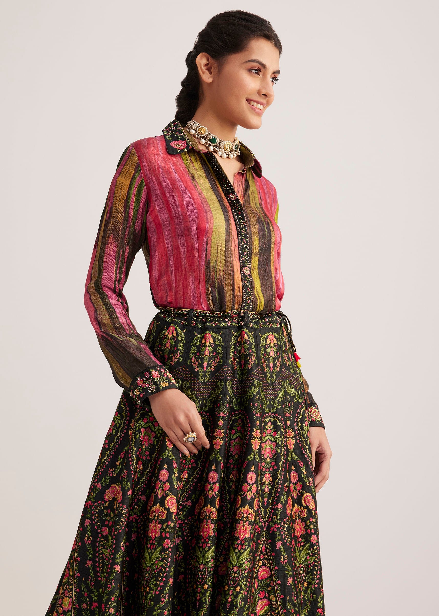 Black And Pink Silk Shirt And Skirt Set | KALKI FASHION UK