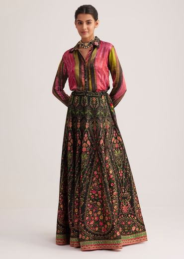 Black And Pink Silk Shirt And Skirt Set