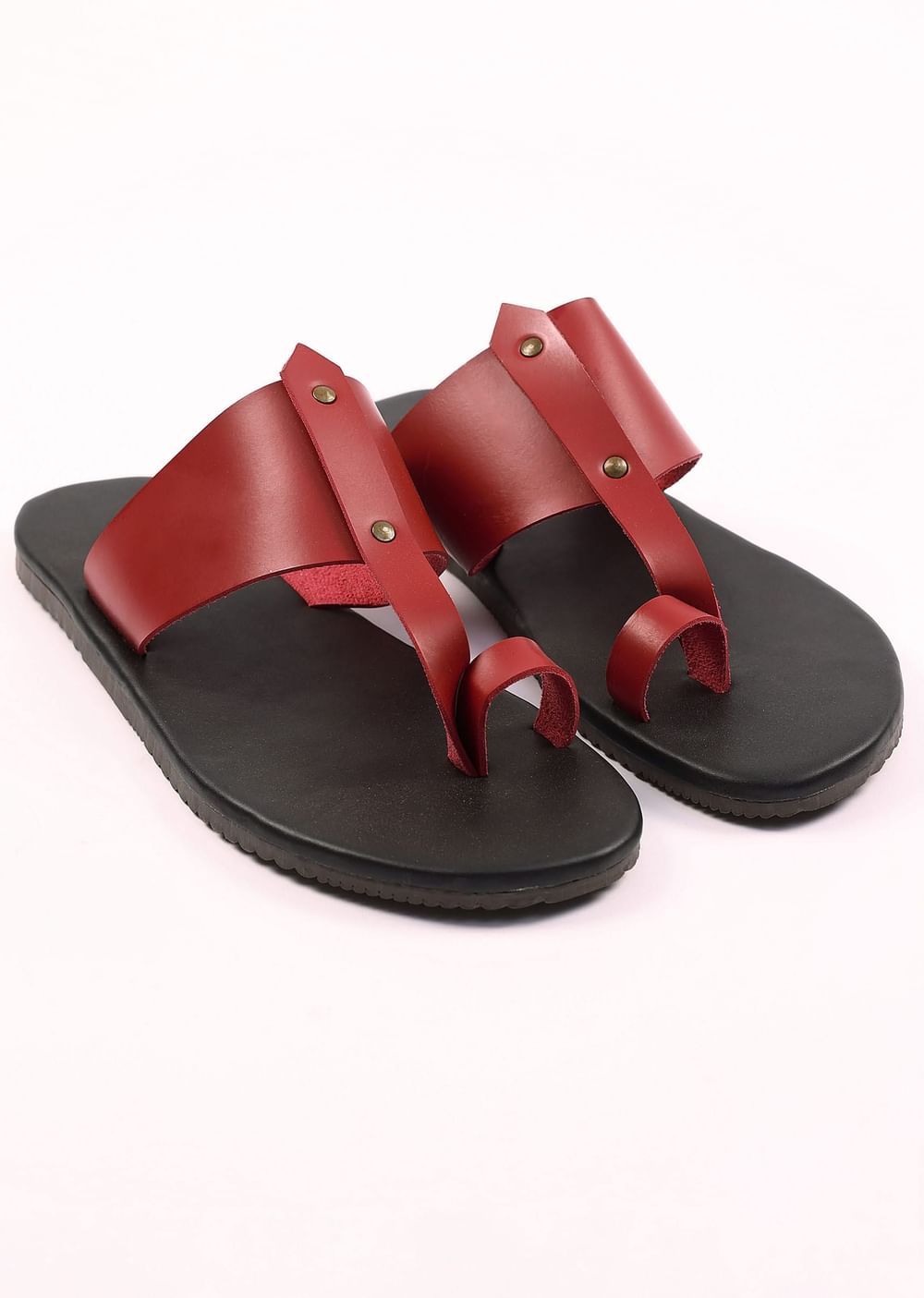 Black And Red Strappy Slides For Men In Leather With Buttons