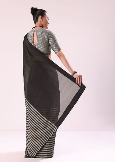 Black And Silver Half Striped Chanderi Saree And Stitched Blouse