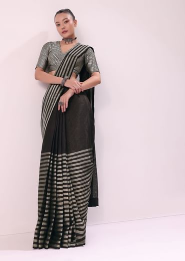 Black And Silver Half Striped Chanderi Saree And Stitched Blouse