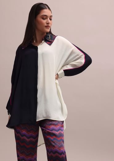 Black And White Color Block Kurta With Embroidered Collar And Striped Crepe Pants Set