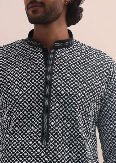 Black And White Lucknowi Cotton Kurta Set