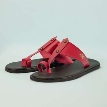 Black And Red Strappy Slides For Men In Leather With Buttons