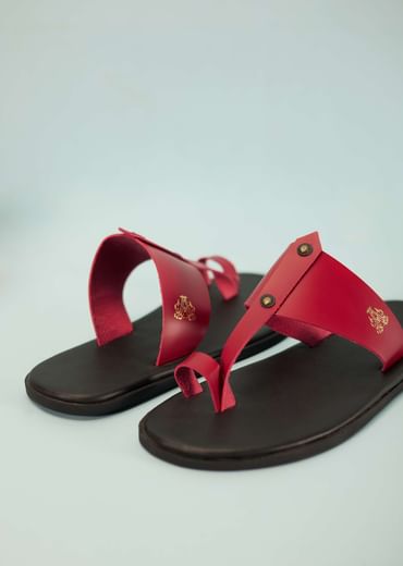 Black And Red Strappy Slides For Men In Leather With Buttons