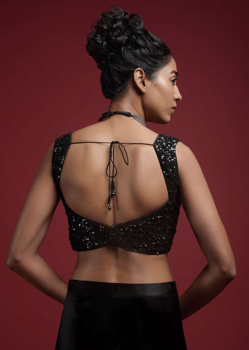 Black Blouse With Sweet Heart Neck And Sequins And Moti Work