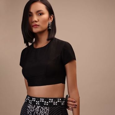 Black Cap Sleeves Blouse In The Round Neck. Raw Silk With Cut Out Back Neck And Hook Closure