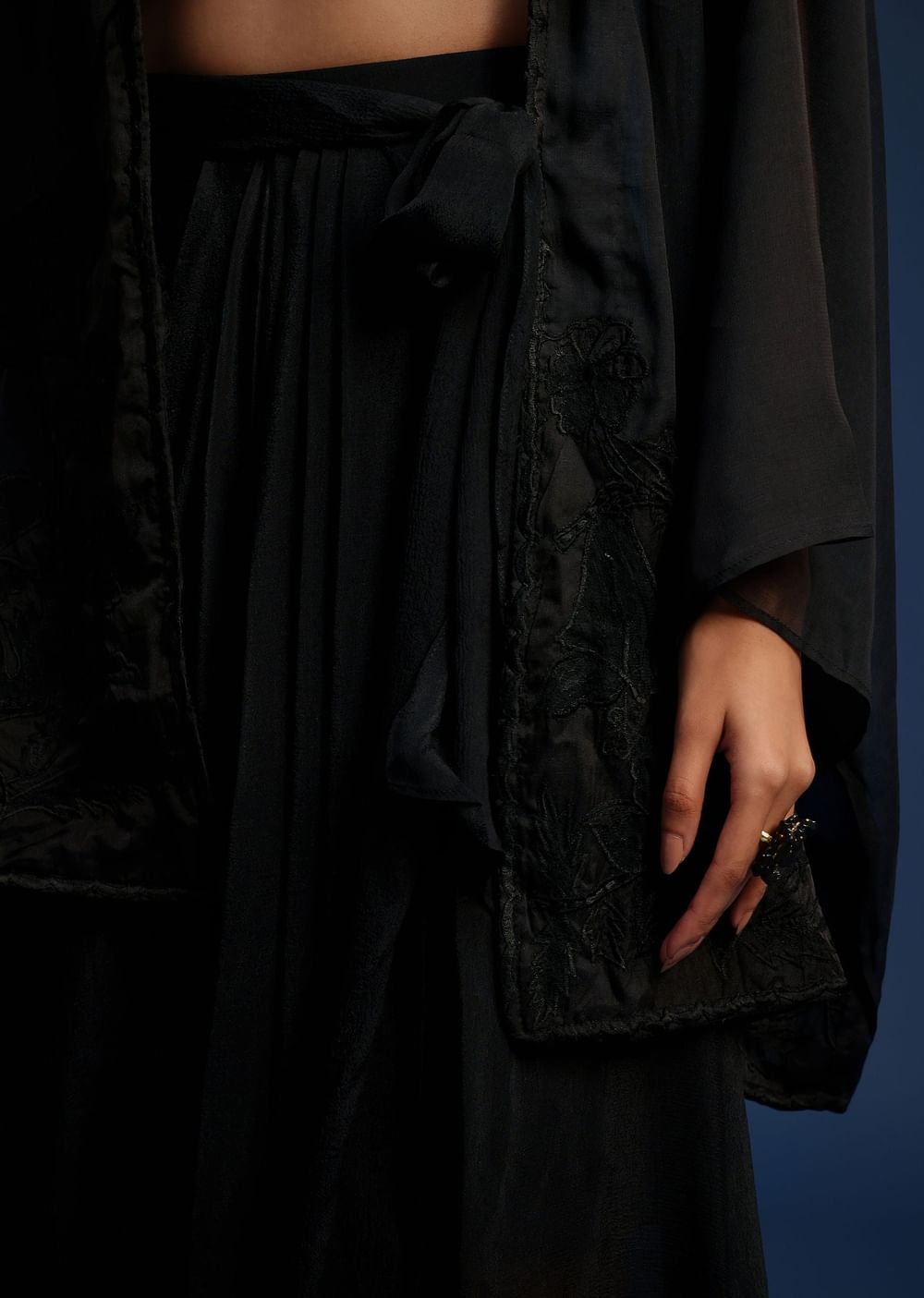 Black Chiffon Asymmetrical Skirt And Jacket Set