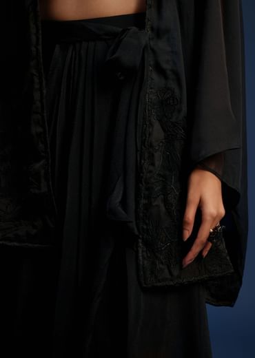 Black Chiffon Asymmetrical Skirt And Jacket Set