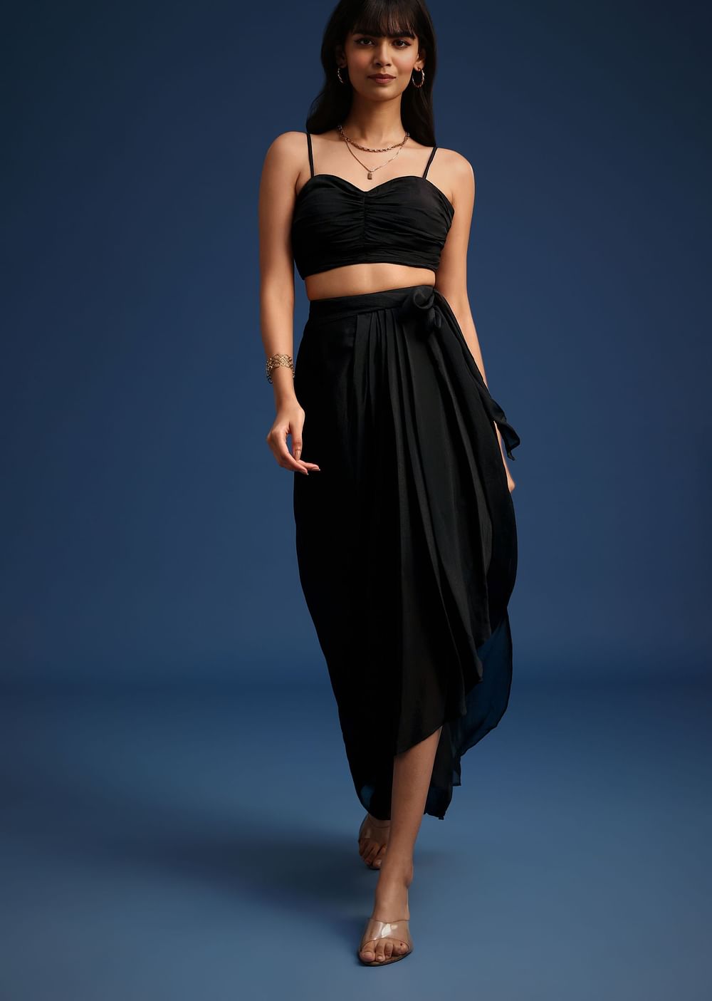 Black Chiffon Asymmetrical Skirt And Jacket Set
